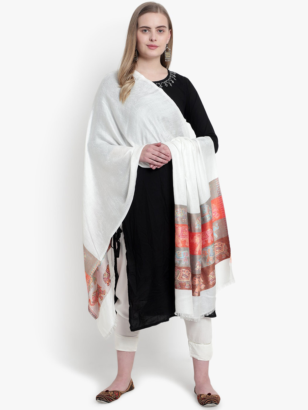 

Mizash Women White & Orange Ethnic Motifs Woven Design Shawl