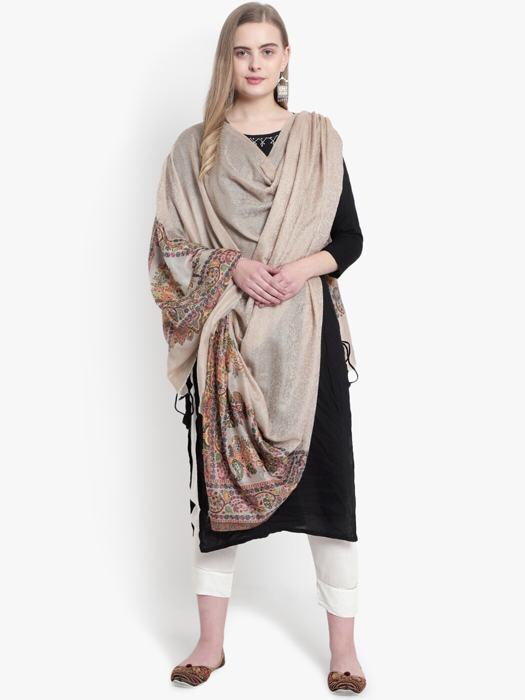 

Mizash Women Beige Paisley Woven Design Pashmina Shawl