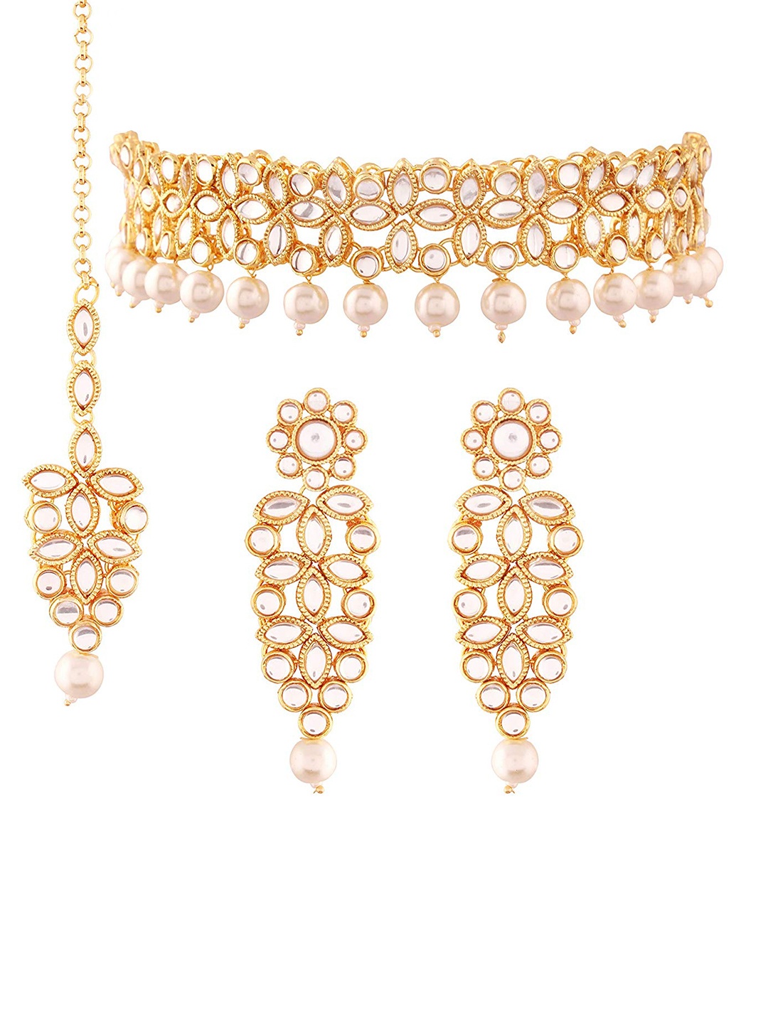 

Arendelle Gold-Plated Kundan-Studded and Pearl Choker Necklace Earrings and Maang Tikka Set