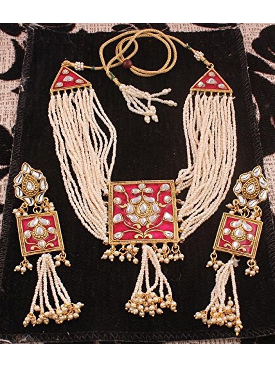 

Arendelle Gold-Plated & Pink Kundan Studded Pearl Meenakari Jewellery Set