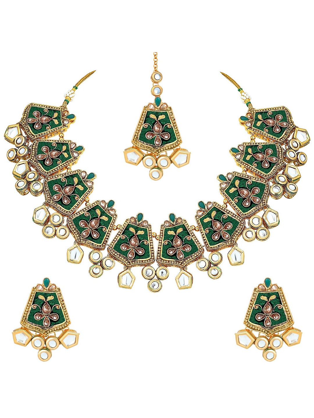 

Arendelle Women Gold-Plated & Green Kundan Stone-Studded Jewellery Set