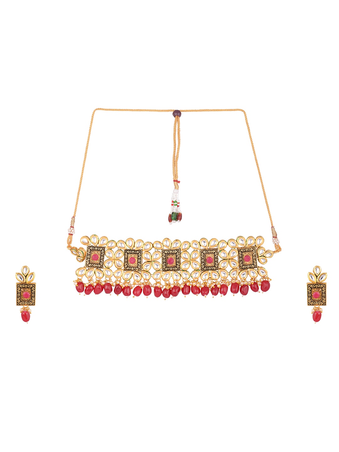 

Arendelle Gold-Plated White & Magenta Kundan-Studded & Beaded Jewellery Set