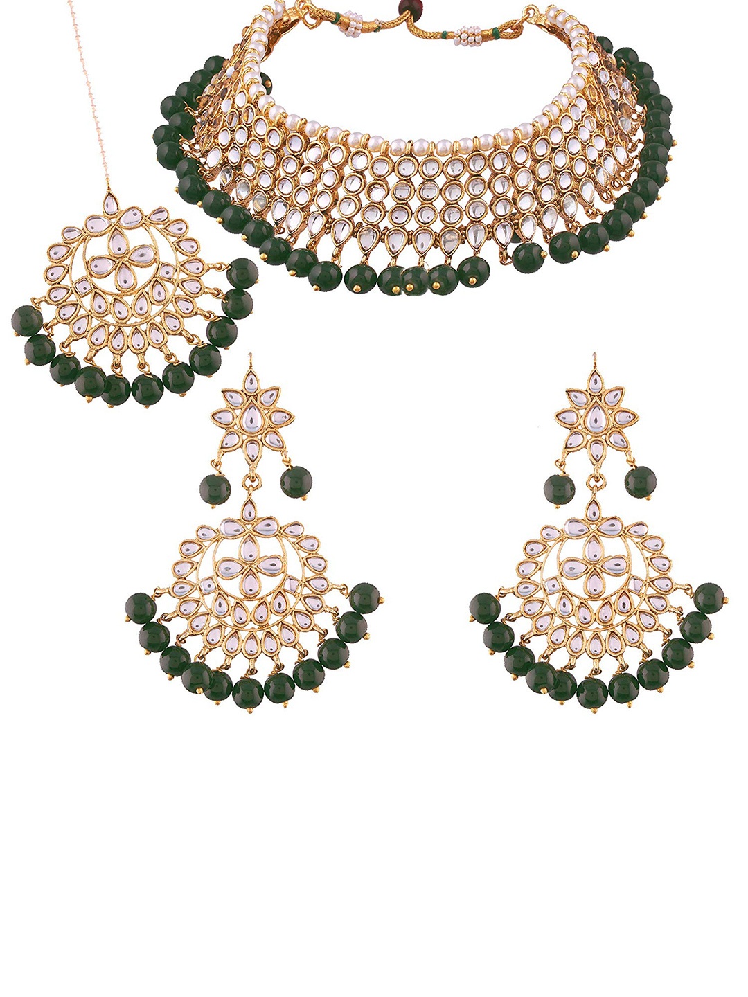 

Arendelle Gold-Plated & Green Kundan Stone-Studded Jewellery Set