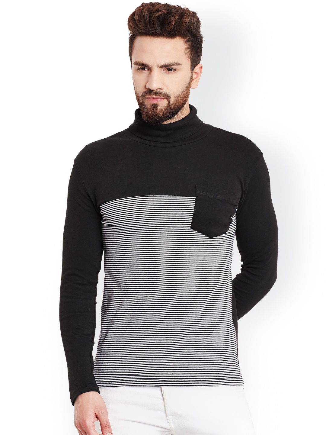 

Hypernation Men Black & White Striped Slim Fit T-shirt