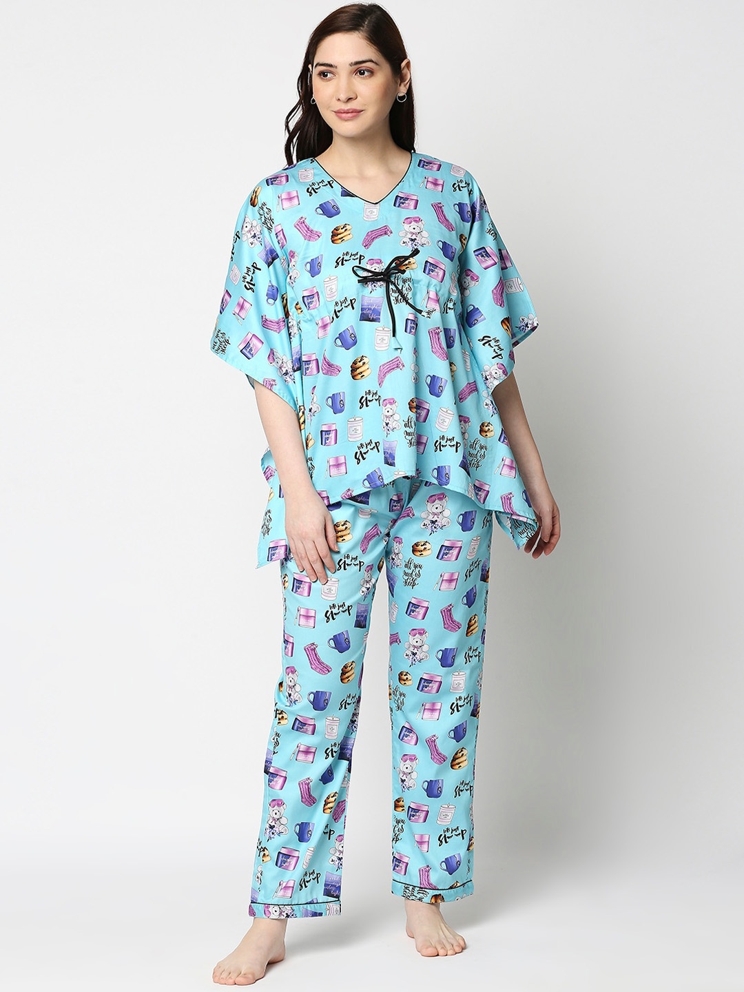 

Pyjama Party Women Blue & Black Printed Cotton Night suit
