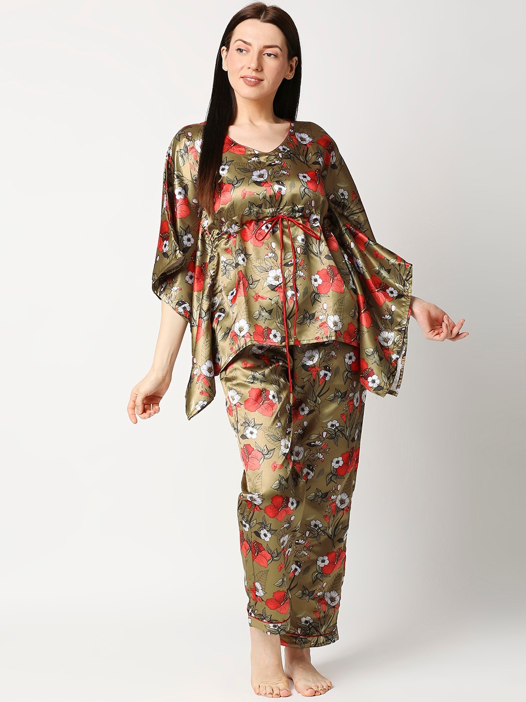 

Pyjama Party Women Olive Green & Red Floral Printed Satin Night suit