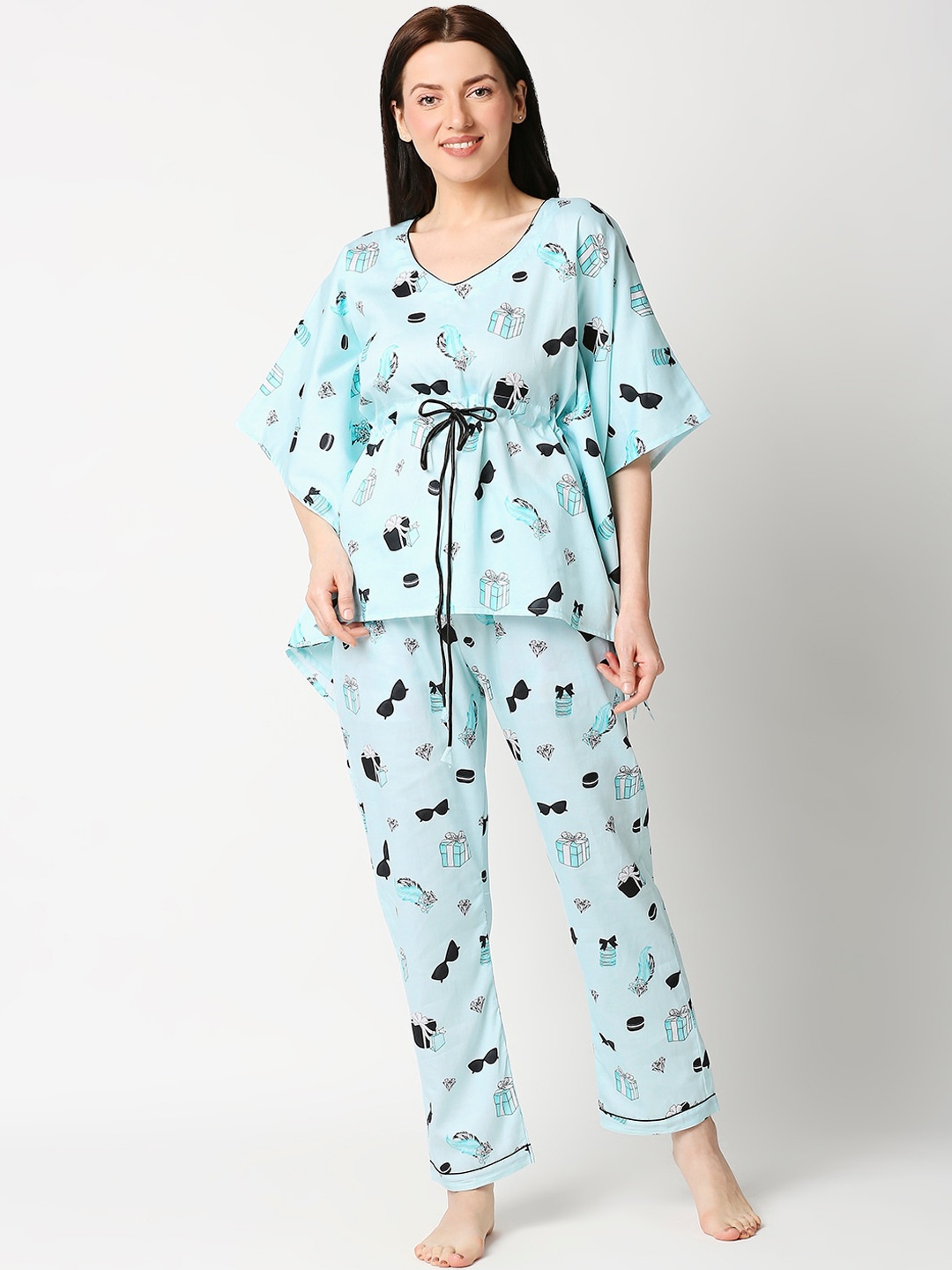 

Pyjama Party Women Blue & Black Printed Pure Cotton Kaftan Night suit