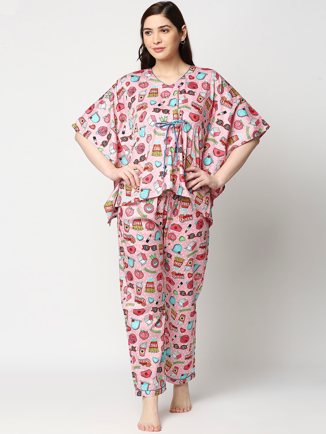 

Pyjama Party Women Pink & Blue Printed Kaftan Night suit