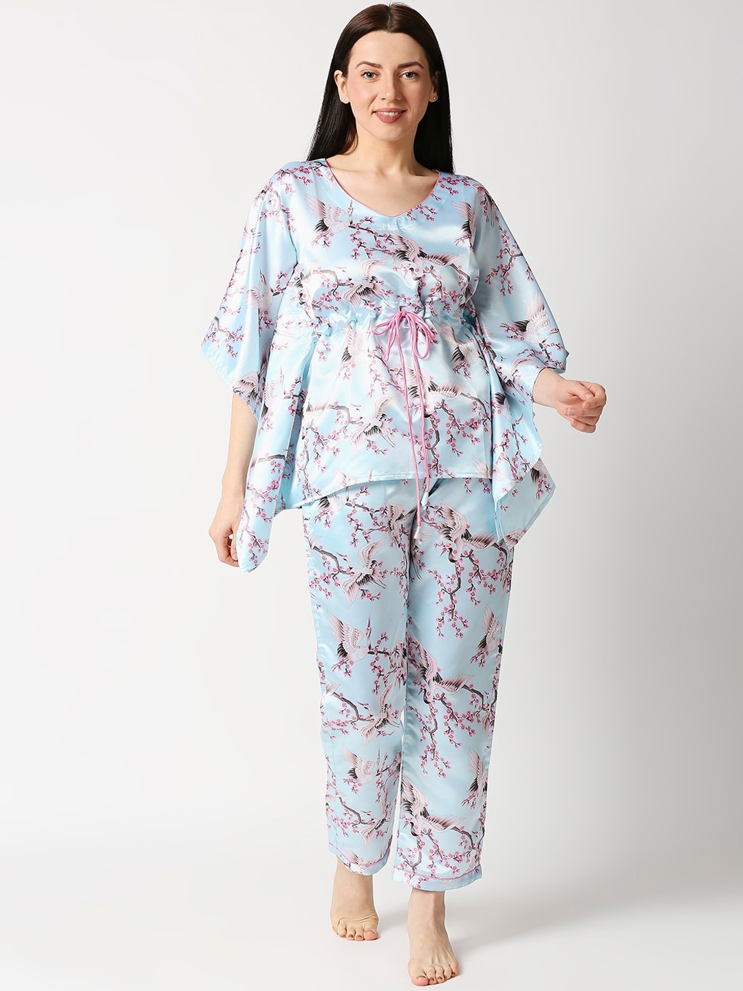 

Pyjama Party Women Blue & Pink Floral Printed Satin Kaftan Night Suit