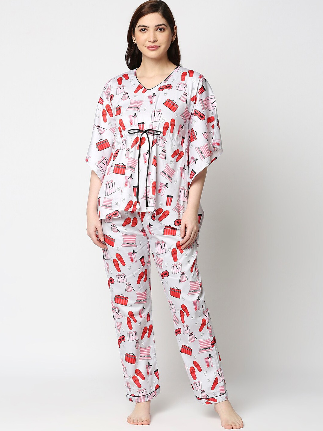 

Pyjama Party Women Grey & Pink Printed Pure Cotton Kaftan Night suit