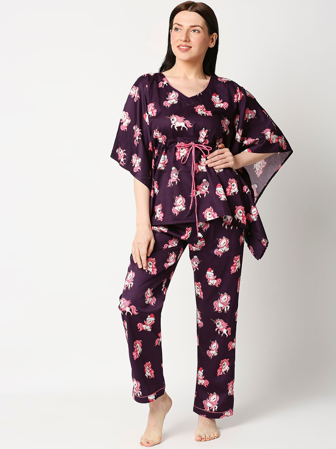

Pyjama Party Women Purple & Pink Unicorn Printed Pure Cotton Kaftan Night Suit