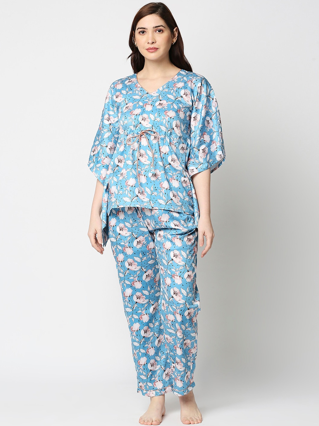 

Pyjama Party Women Blue & White Printed Pure Cotton Kaftan Night suit