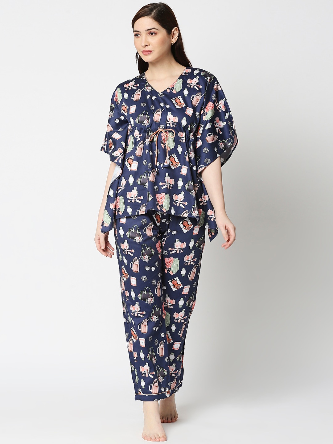 

Pyjama Party Women Navy Blue & Pink Printed Pure Cotton Kaftan Night suit