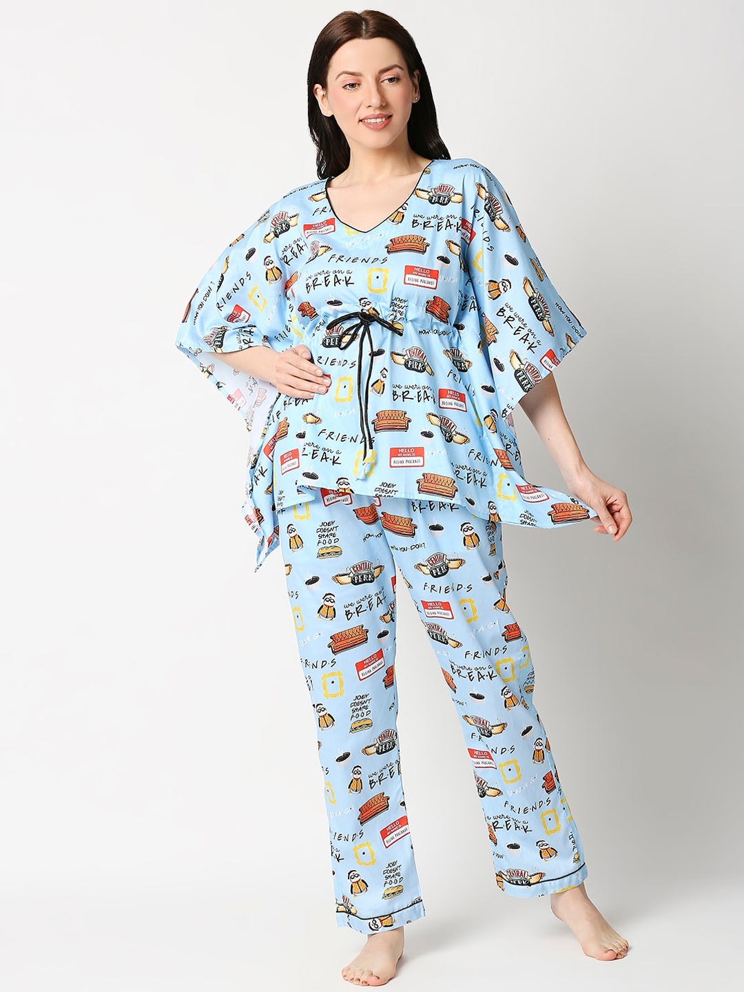 

Pyjama Party Women Blue & Red Graphic Printed Pure Cotton Kaftan Night Suit