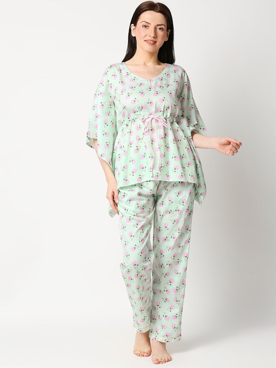 

Pyjama Party Women Green & Pink Printed Pure Cotton Kaftan Night suit