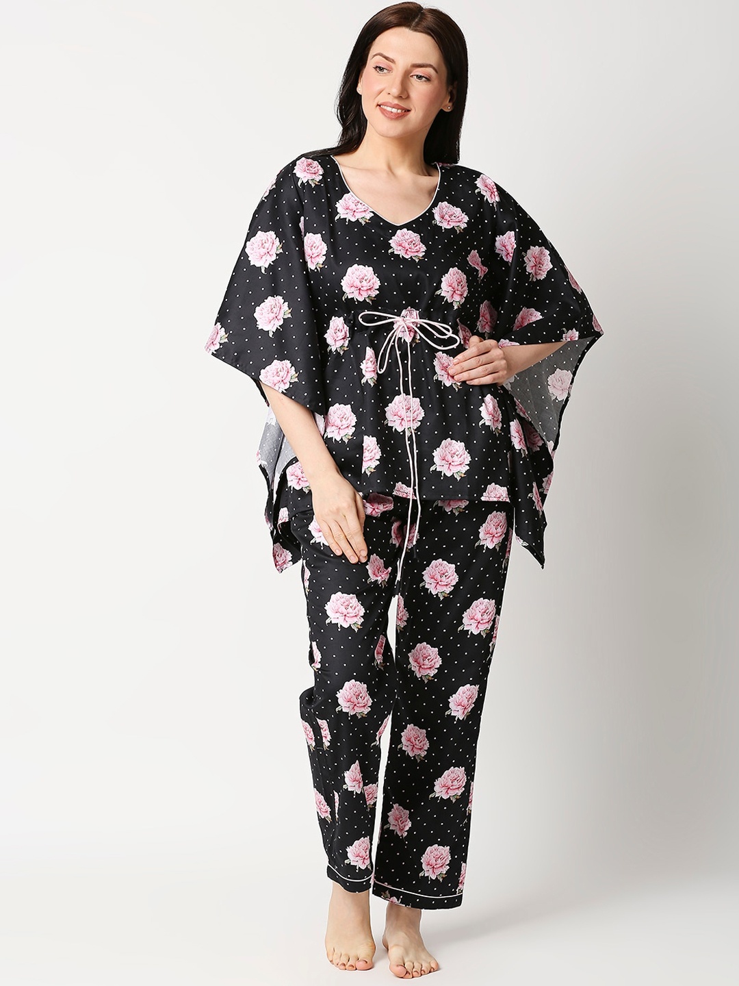 

Pyjama Party Women Black & Pink Printed Pure Cotton Kaftan Night suit