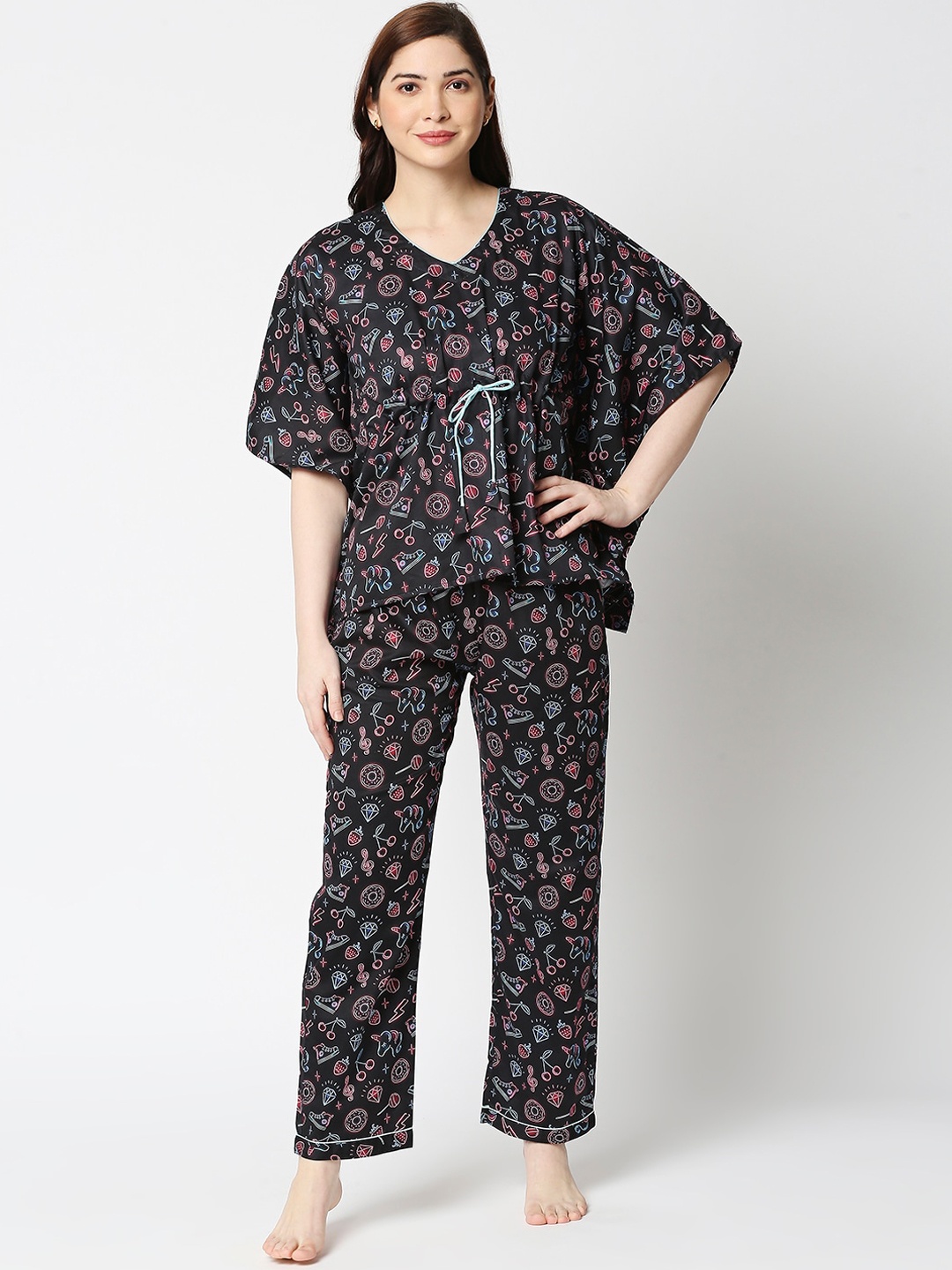 

Pyjama Party Women Black & Blue Printed Pure Cotton Kaftan Night suit