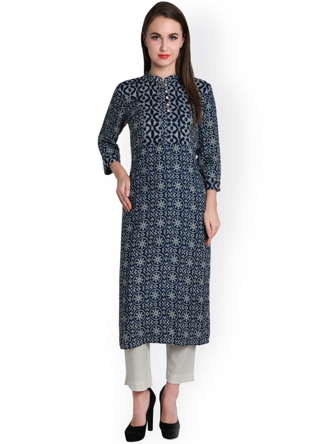 

Indibelle Women Blue Printed Straight Kurta