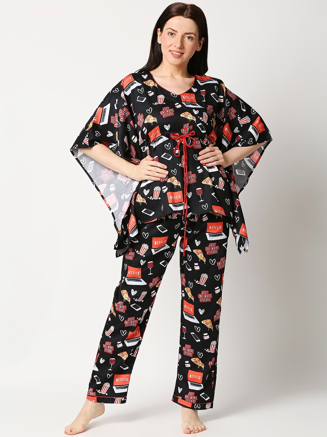 

Pyjama Party Women Black & Red Printed Pure Cotton Kaftan Night suit
