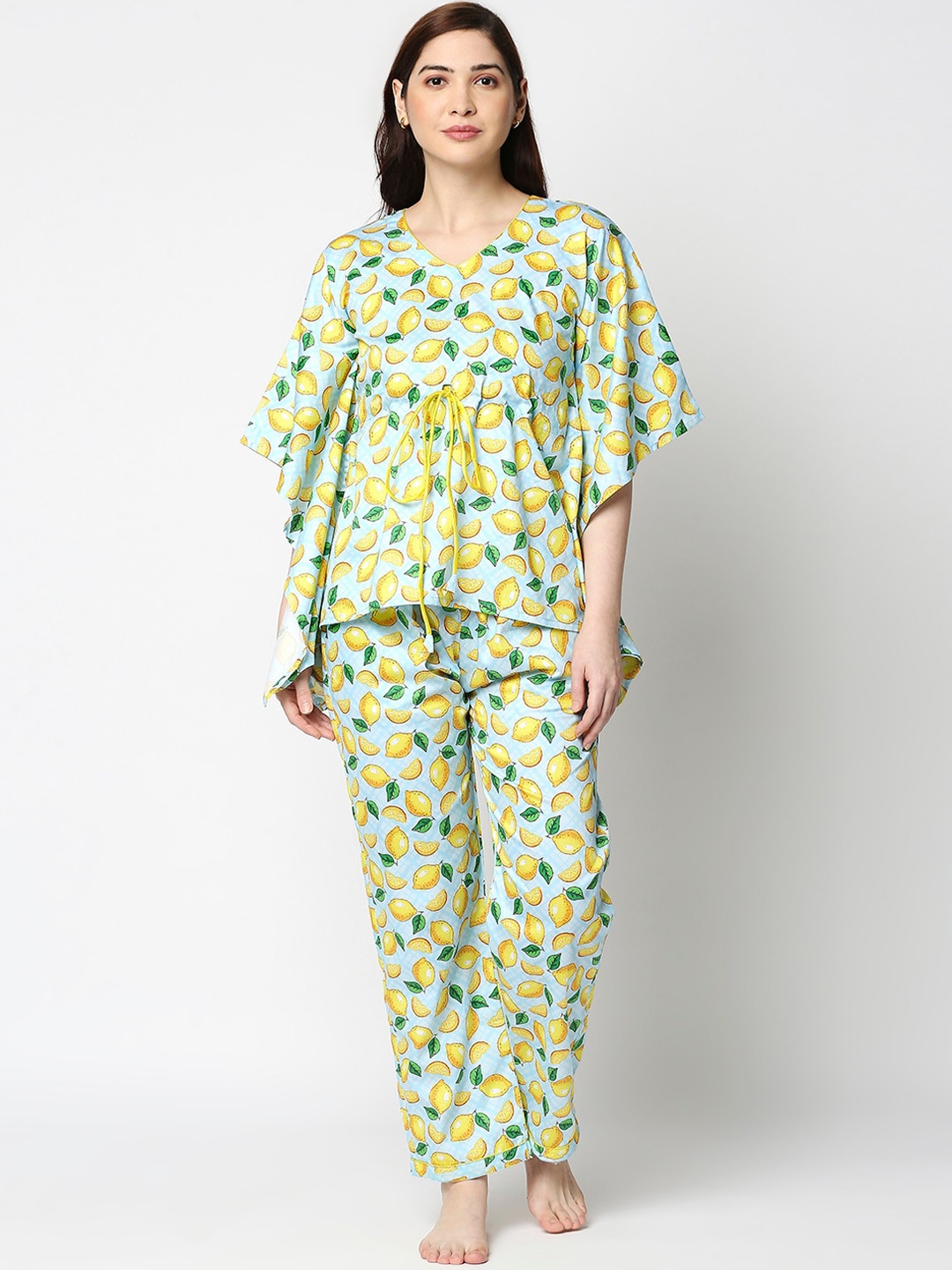 

Pyjama Party Women Blue & Yellow Printed Pure Cotton Kaftan Night suit