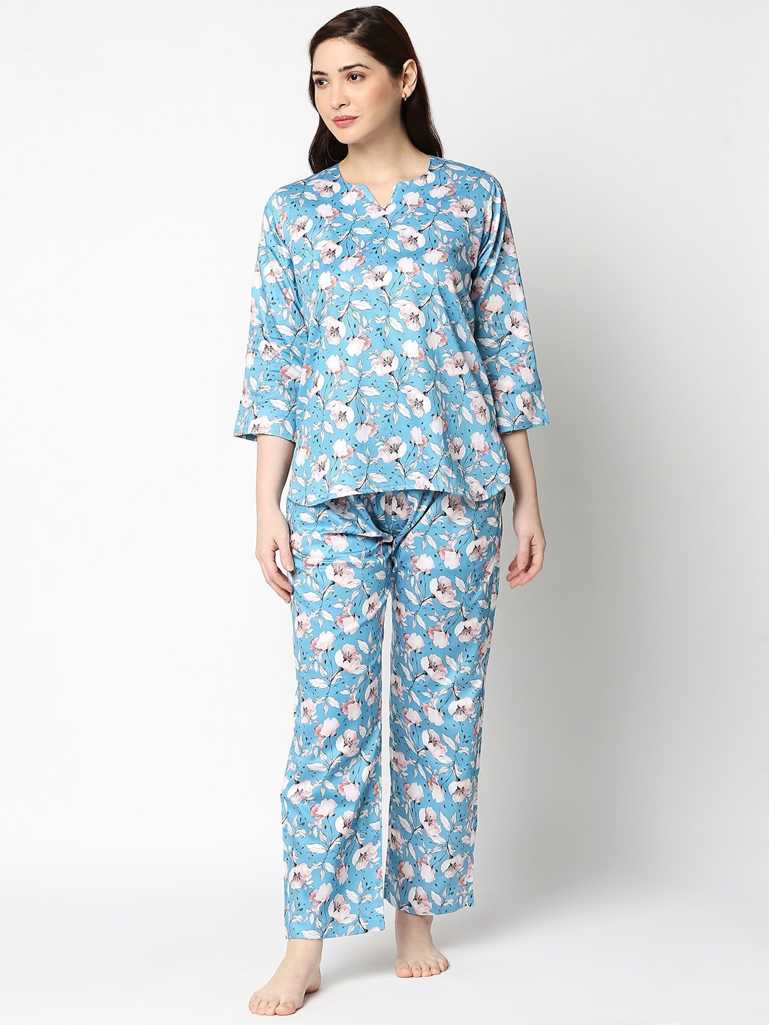 

Pyjama Party Women Blue & White Printed Pure Cotton Night suit
