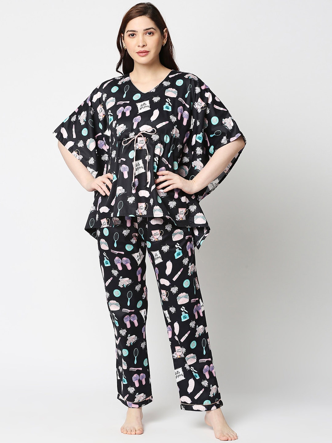 

Pyjama Party Women Black & Pink Printed Pure Cotton Kaftan Night suit