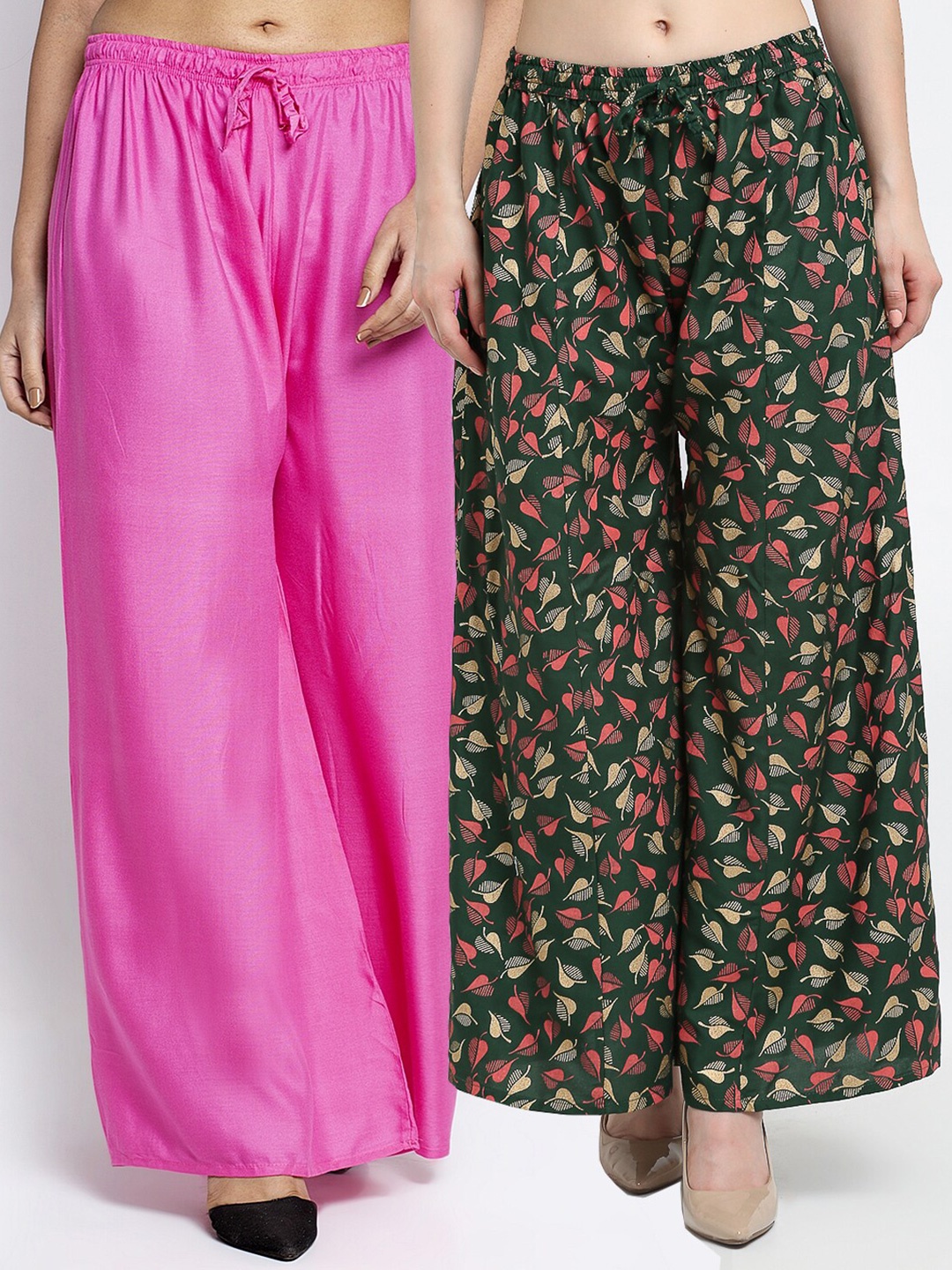 

Jinfo Women Pack Of 2 Pink & Green Printed Flared Palazzos