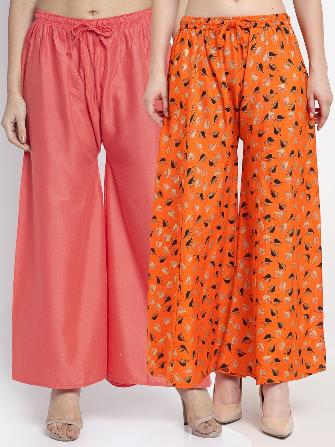 

Jinfo Women Orange & Peach Pack Of 2 Printed Knitted Ethnic Palazzos