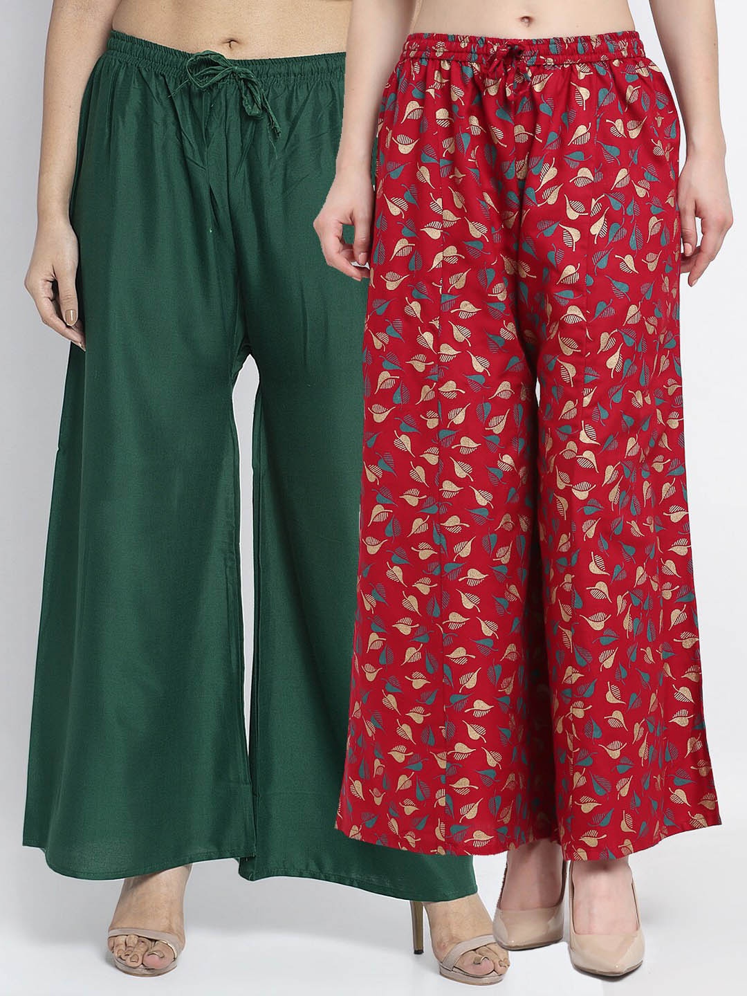 

Jinfo Women Pack Of 2 Green & Maroon Floral Printed Flared Knitted Ethnic Palazzos