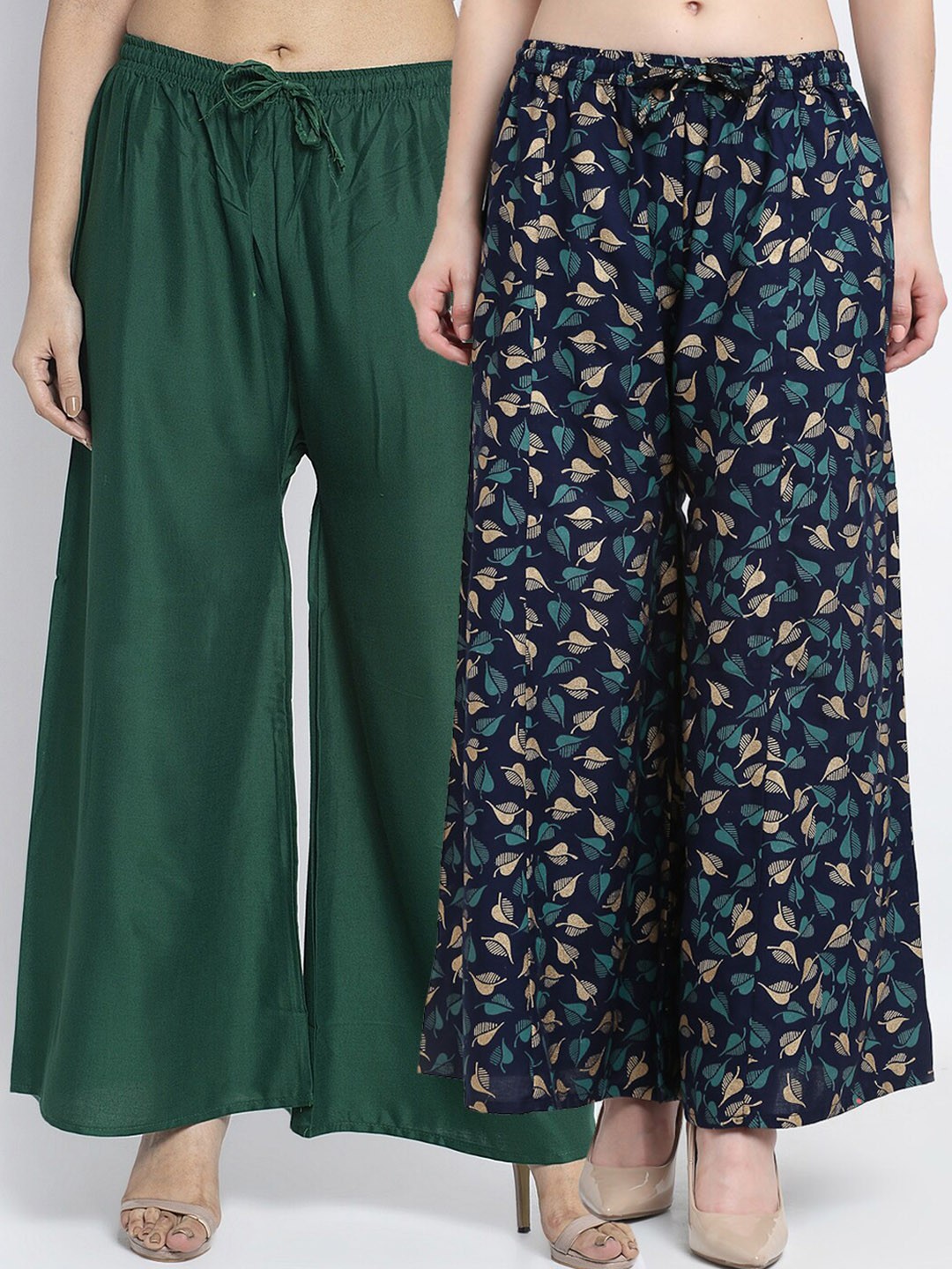 

Jinfo Women Pack Of 2 Green & Navy Blue Printed Flared Palazzos