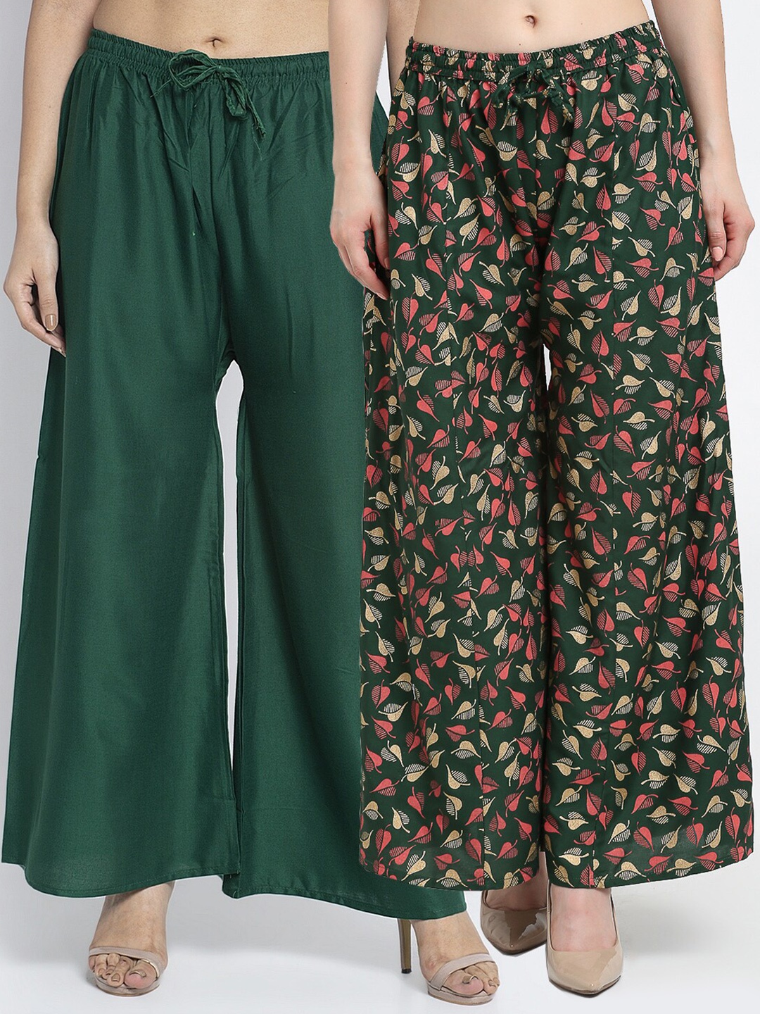 

Jinfo Women Pack Of 2 Green & Pink Floral Printed Flared Ethnic Palazzos