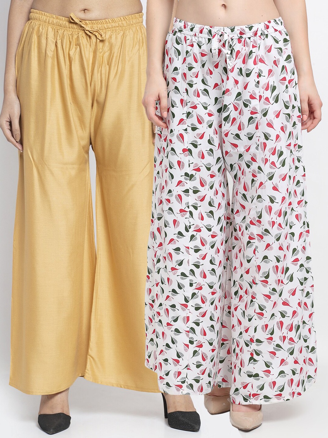 

Jinfo Women Pack Of 2 Beige & White Floral Printed Flared Knitted Ethnic Palazzos