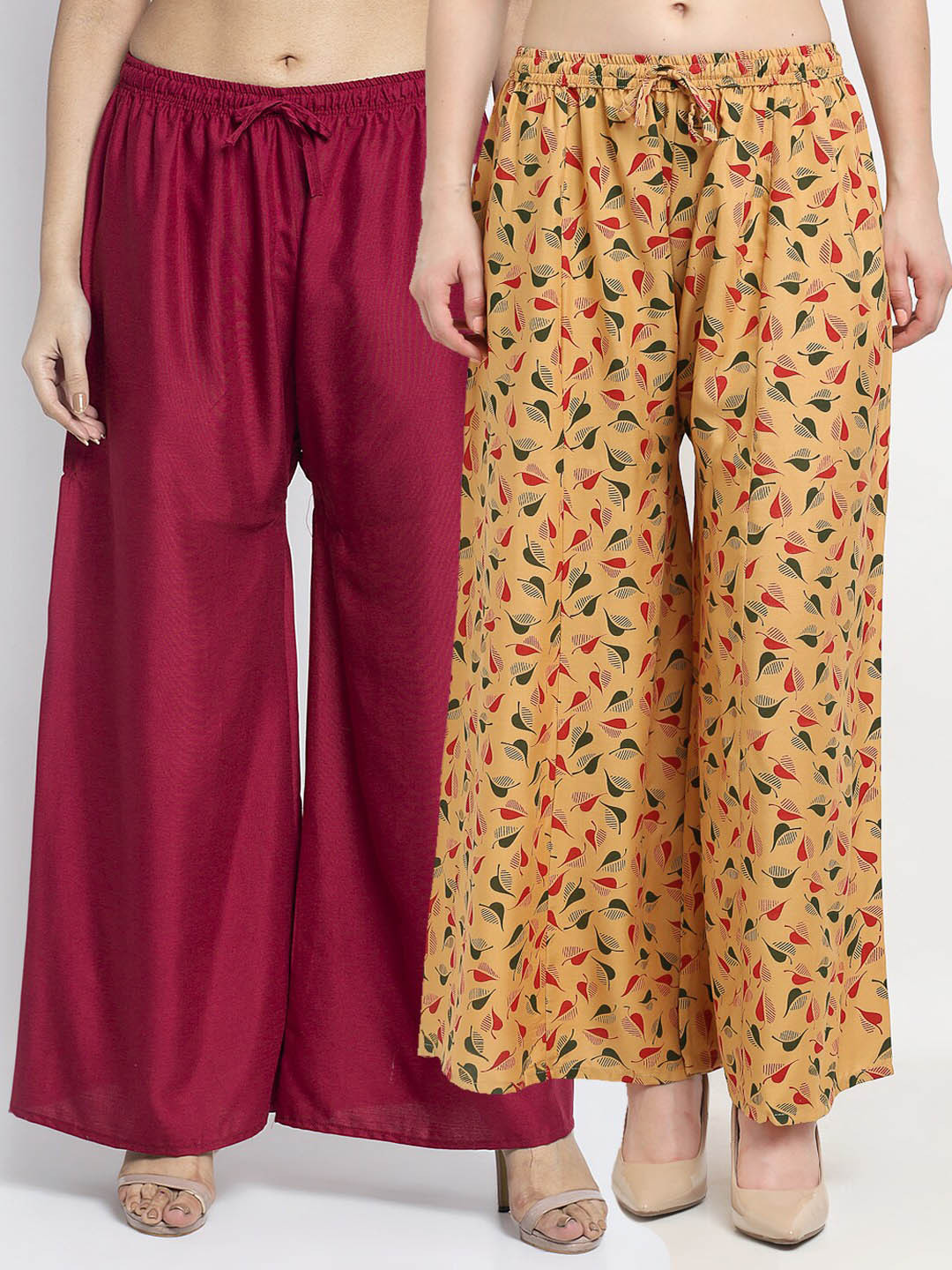 

Jinfo Women Pack of 2 Maroon & Beige Floral Printed Flared Knitted Ethnic Palazzos