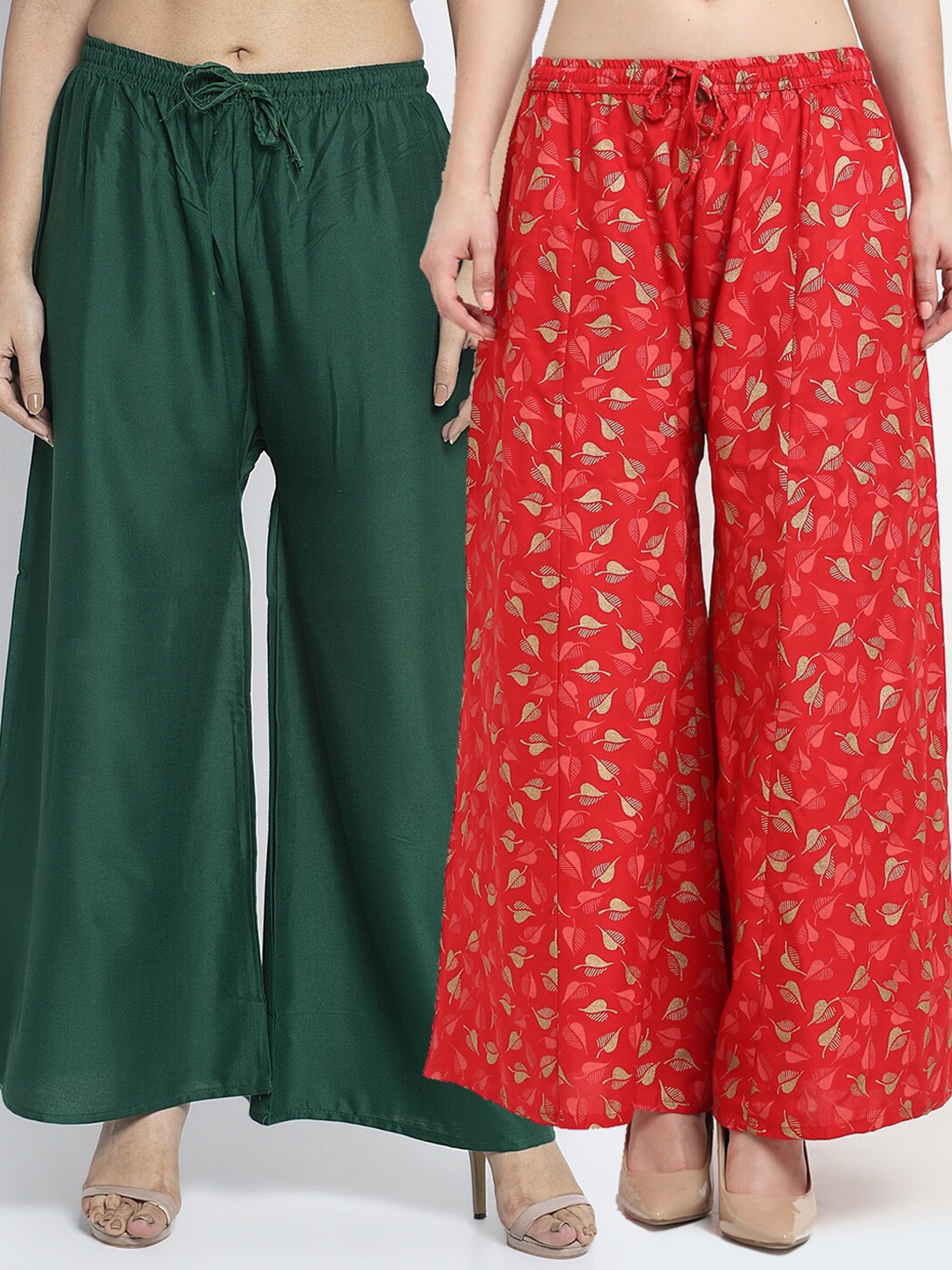 

Jinfo Women Pack Of 2 Green & Red Floral Printed Flared Ethnic Palazzos
