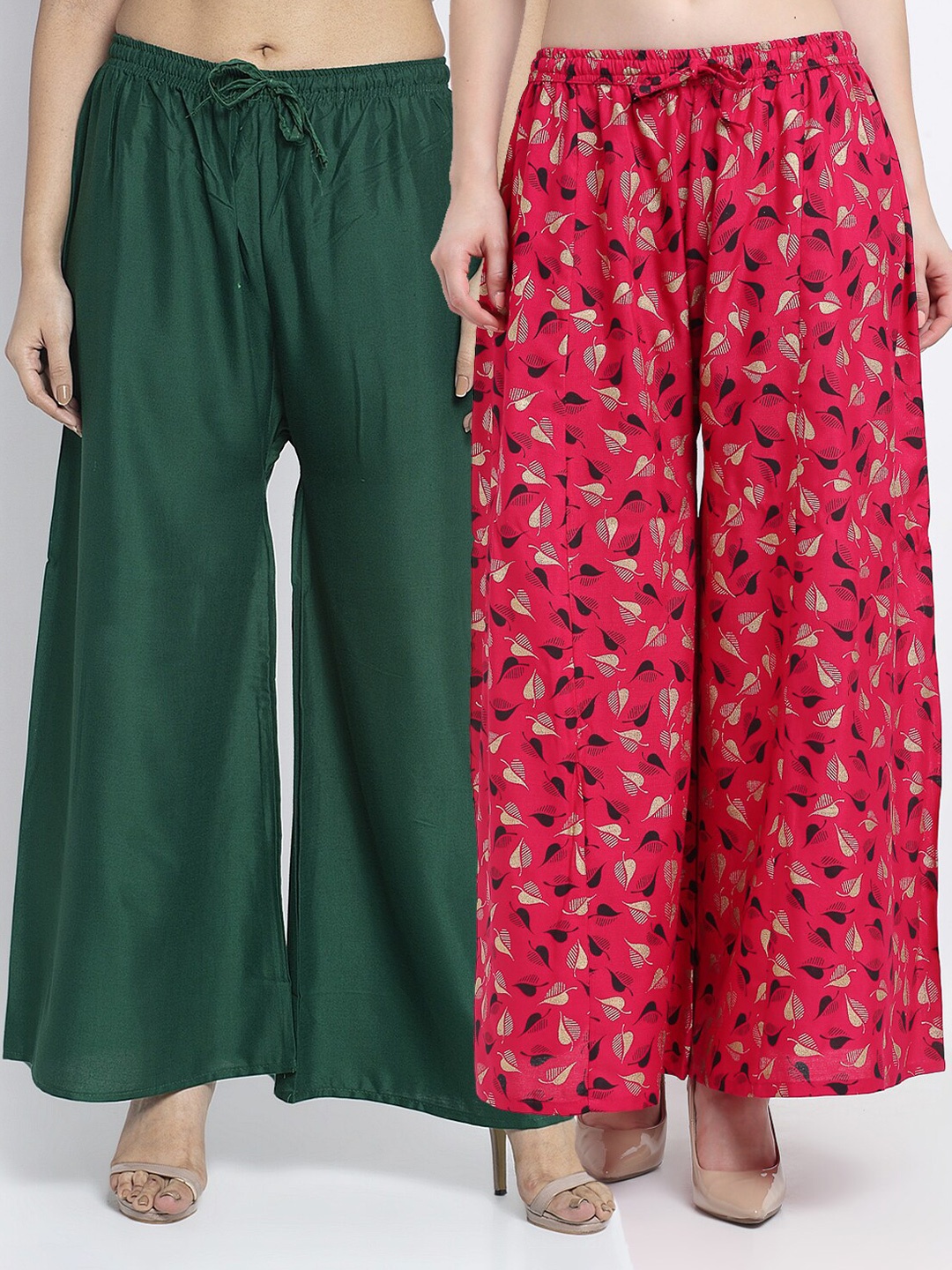 

Jinfo Women Pack of 2 Printed Flared Knitted Ethnic Palazzos, Green
