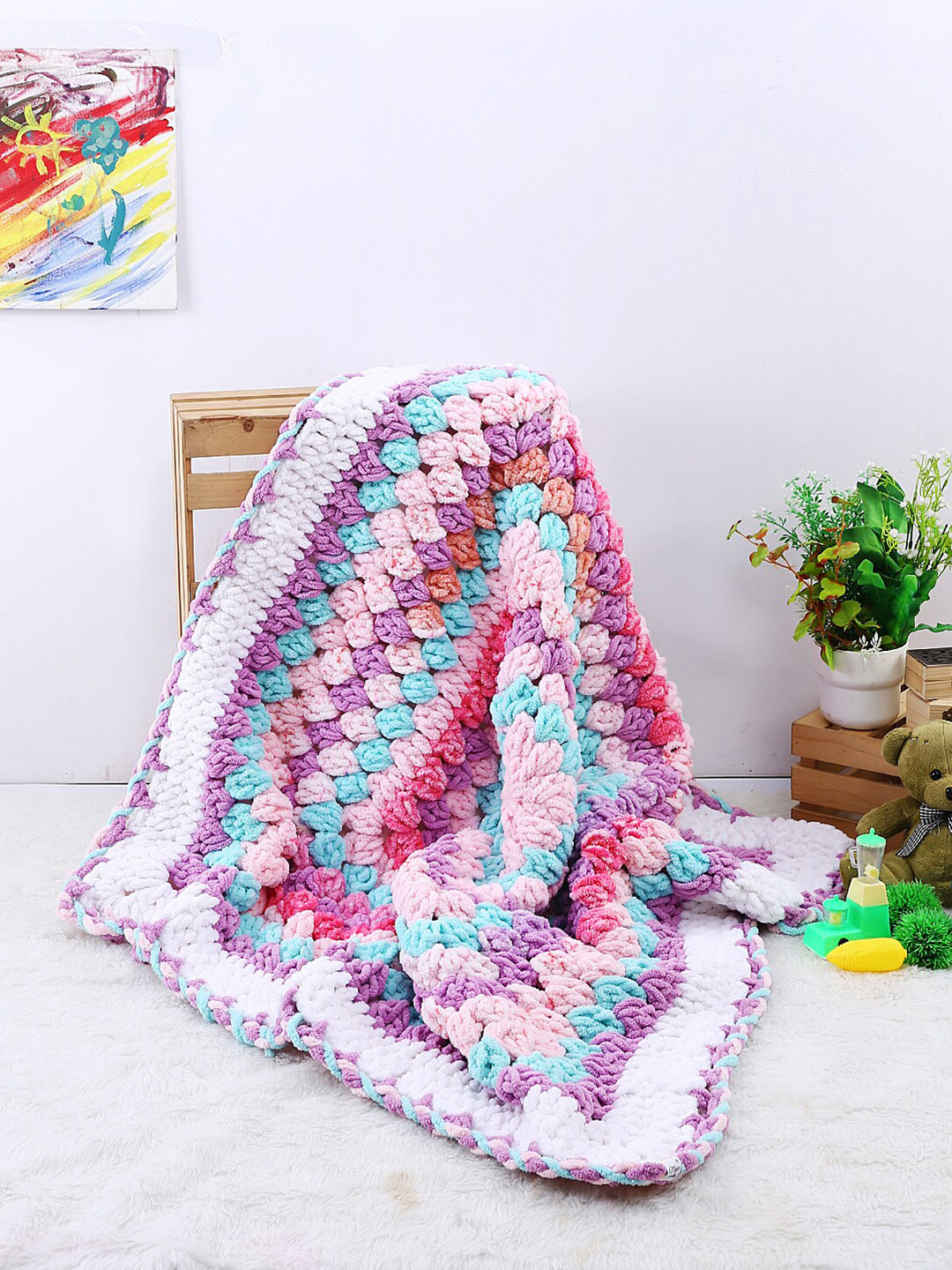 

Magic Needles Infants Multicoloured Striped Handmade 1000 GSM AC Room Single Bed Blanket, Multi