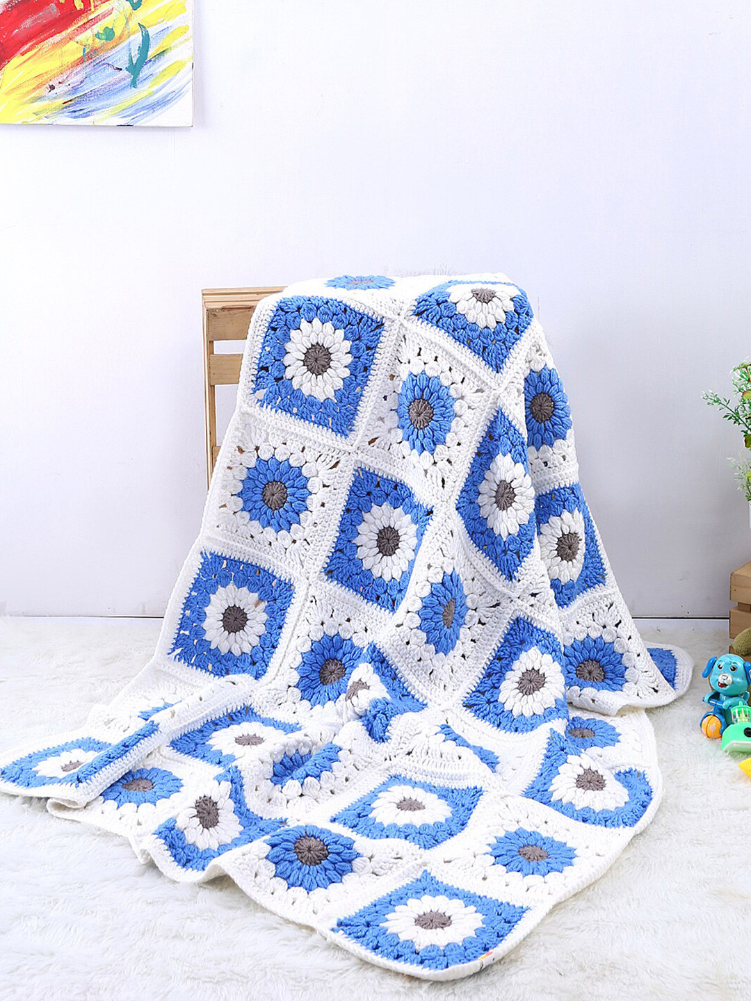 

Magic Needles Blue & White Geometric AC Room Single Crochet Bed Pram