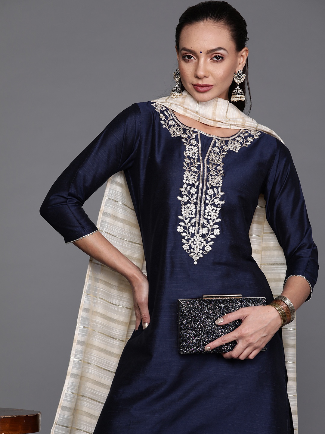 

Indo Era Women Navy Blue & Cream-Coloured Embroidered Kurta with Palazzos & Dupatta
