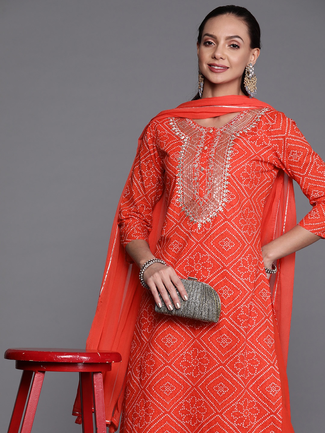 

Indo Era Women Red & White Bandhani Print Sequined Kurta with Palazzos & Dupatta