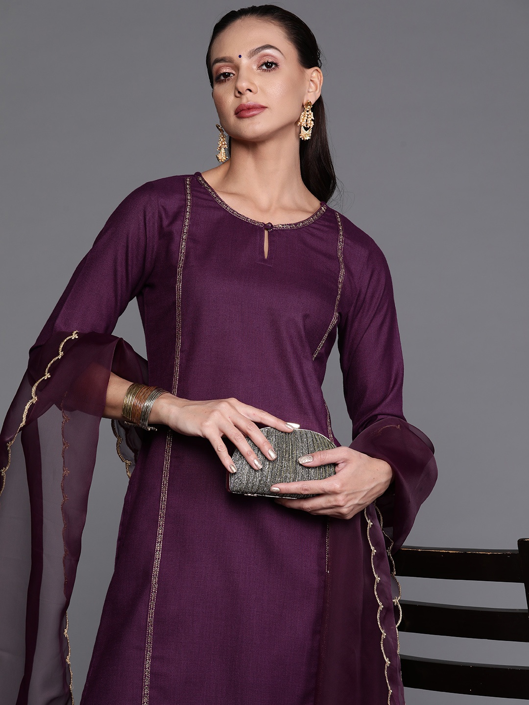 

Indo Era Women Purple & Gold-Toned Sequined Kurta with Palazzos & Dupatta