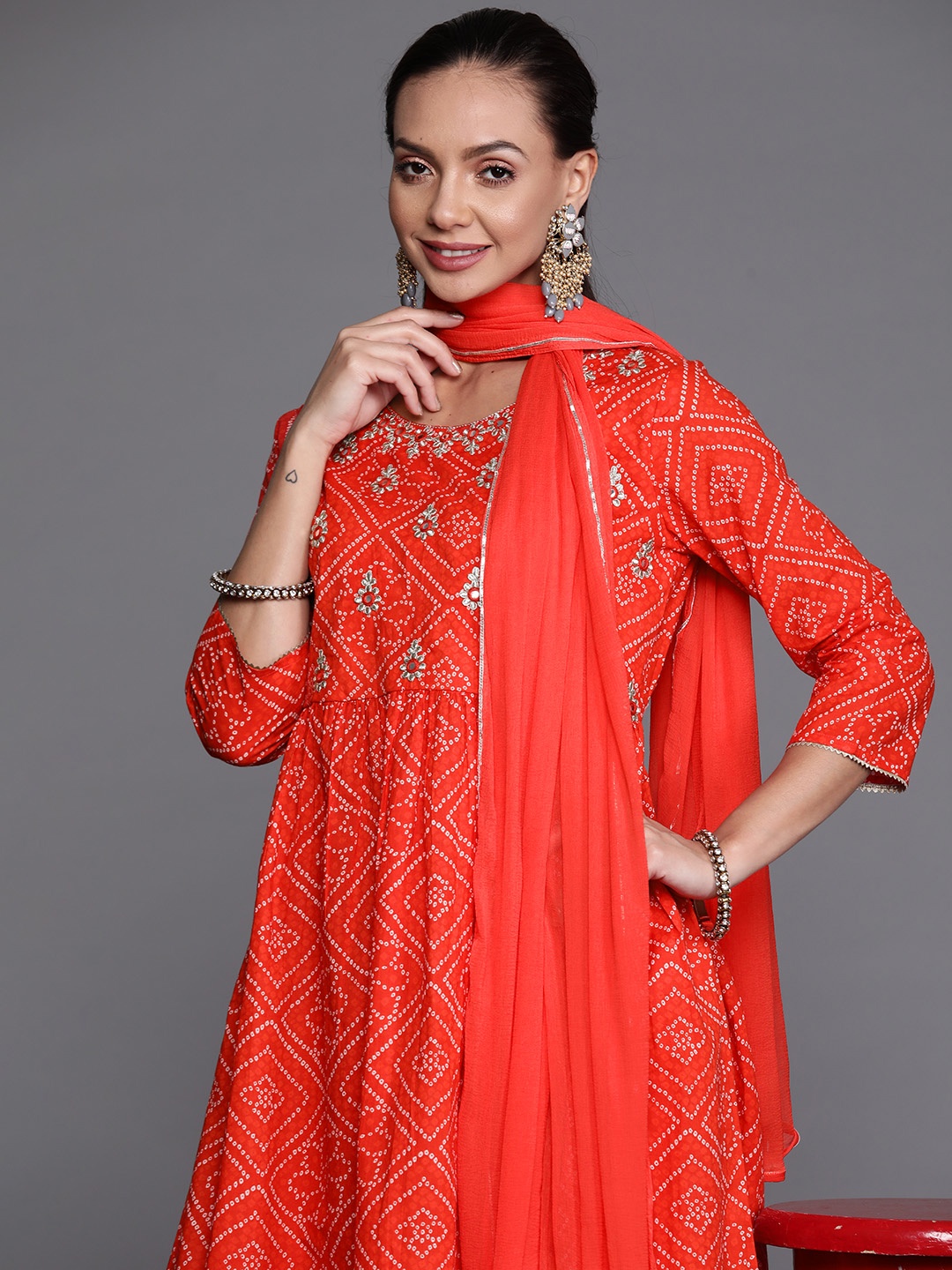 

Indo Era Women Red & White Ethnic Motifs Print Kurta with Sharara & Dupatta