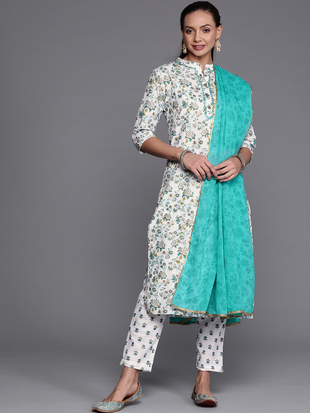 

Indo Era Women Sea Green & White Floral Printed Kurta with Palazzos & Dupatta