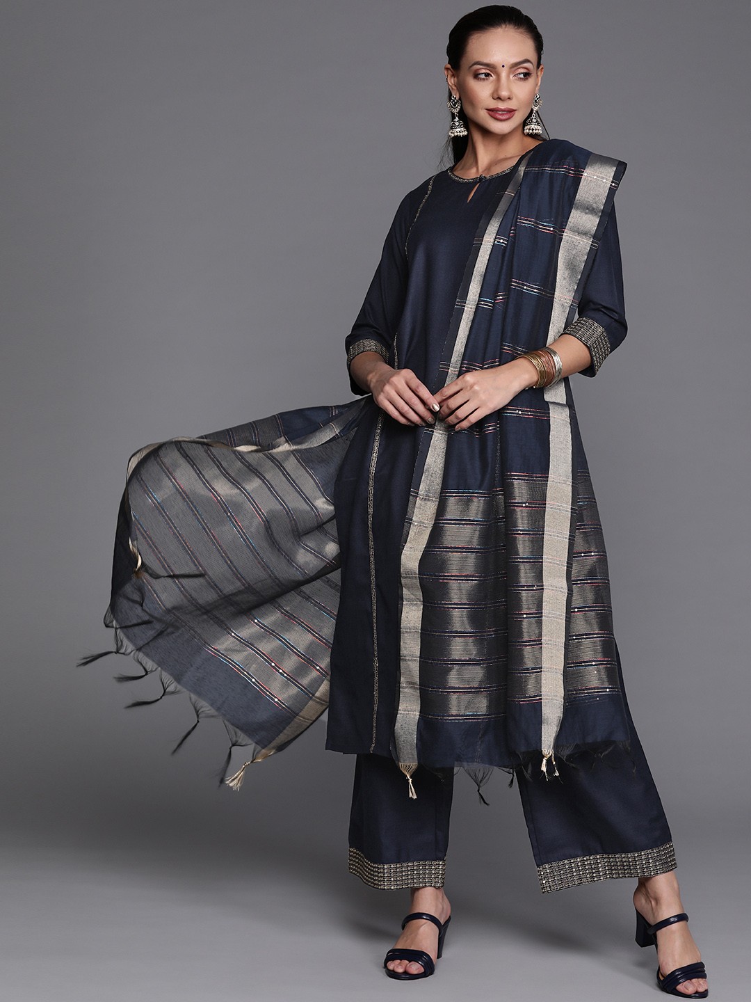

Indo Era Women Navy Blue & Gold-Toned Sequined Kurta with Palazzos & Dupatta