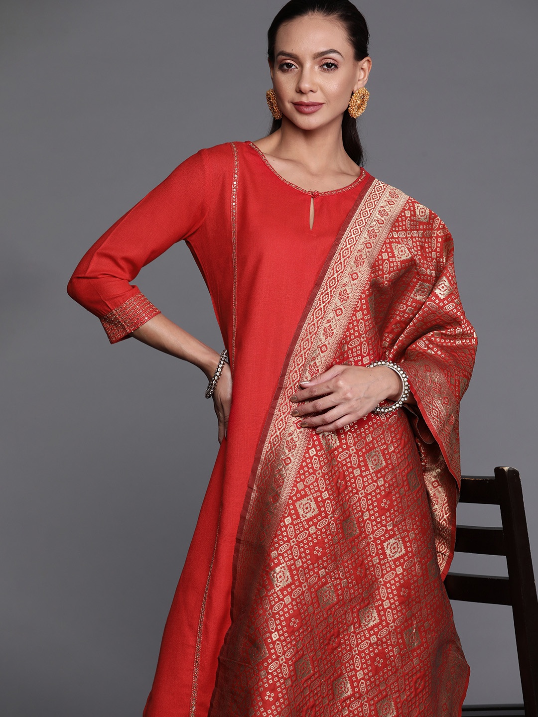 

Indo Era Women Red & Gold-Toned Sequinned Kurta with Palazzos & Dupatta