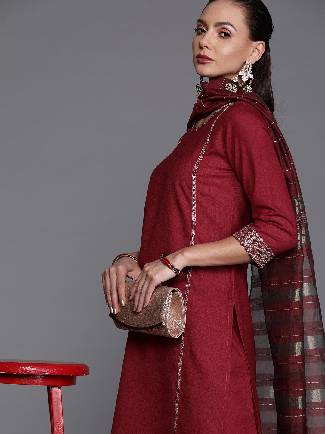 

Indo Era Women Maroon & Gold-Toned Sequined Kurta with Palazzos & Dupatta