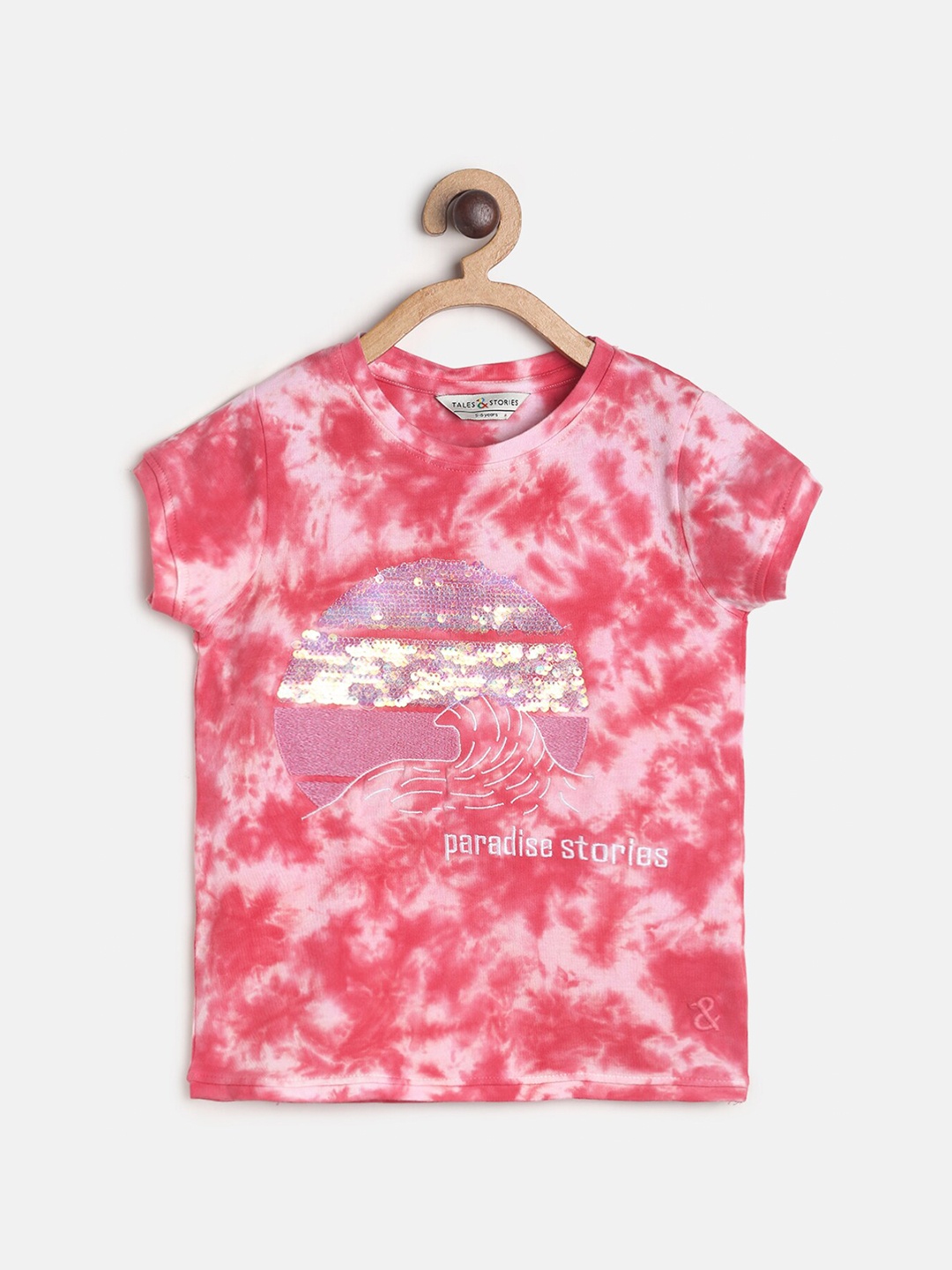 

TALES & STORIES Girls Red Tie and Dye Dyed Slim Fit T-shirt