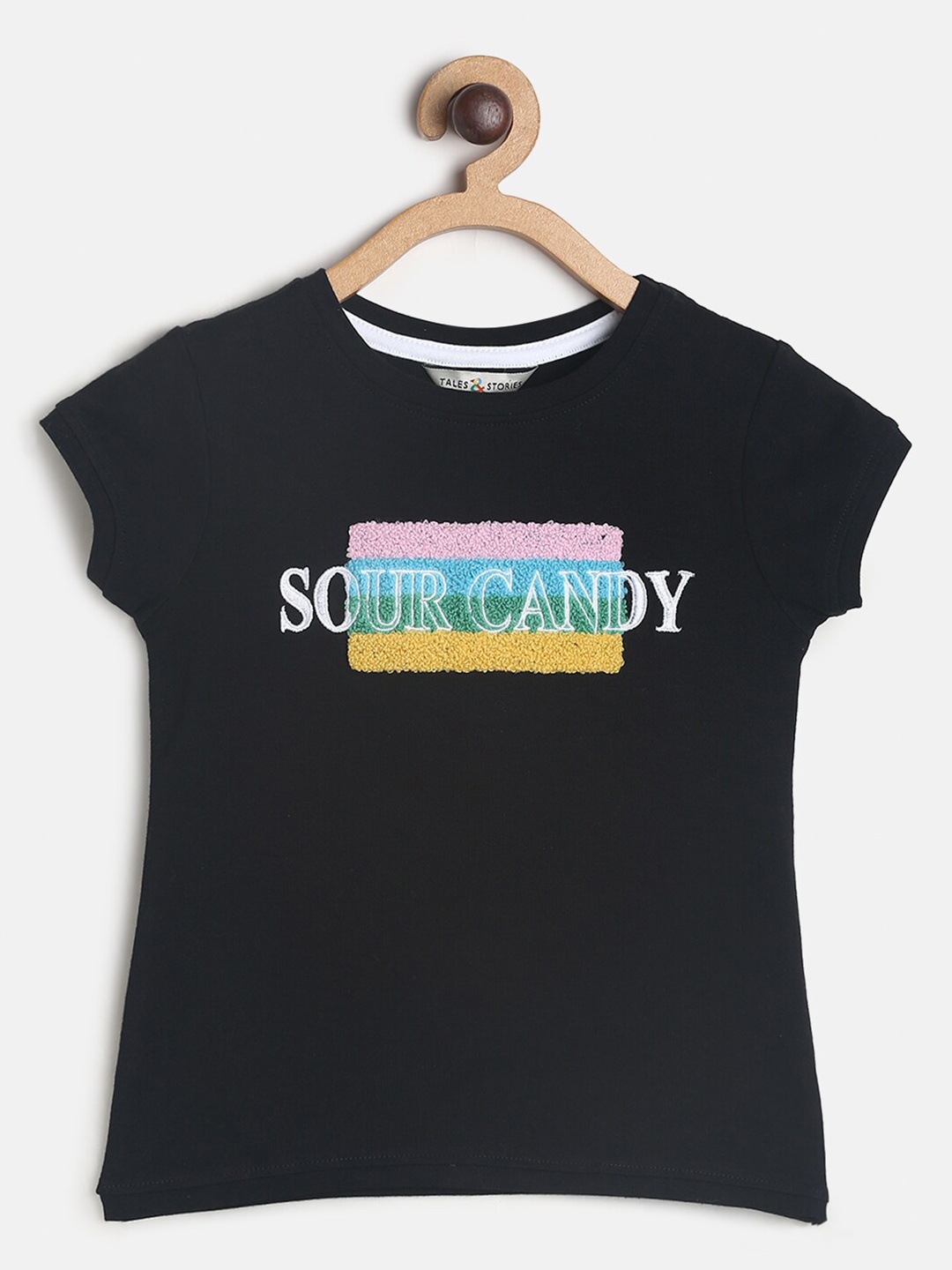 

TALES & STORIES Girls Black Typography Printed Slim Fit Outdoor Cotton T-shirt