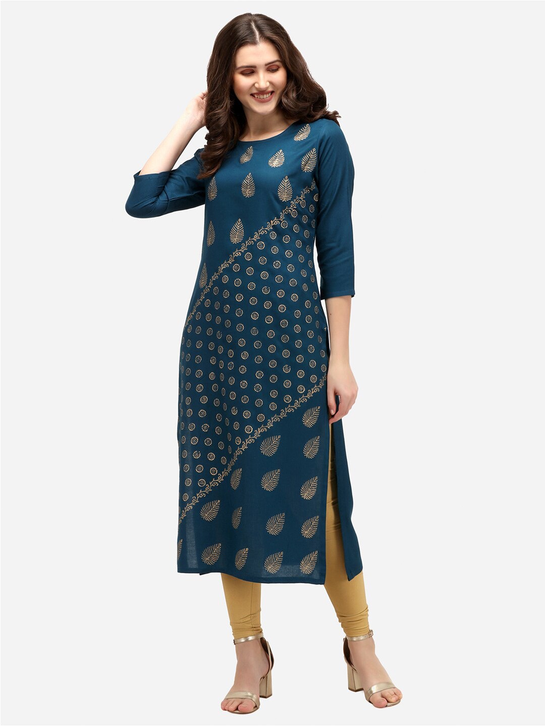

Sitaram Designer Women Teal & Gold-Toned Ethnic Motifs Printed Kurta