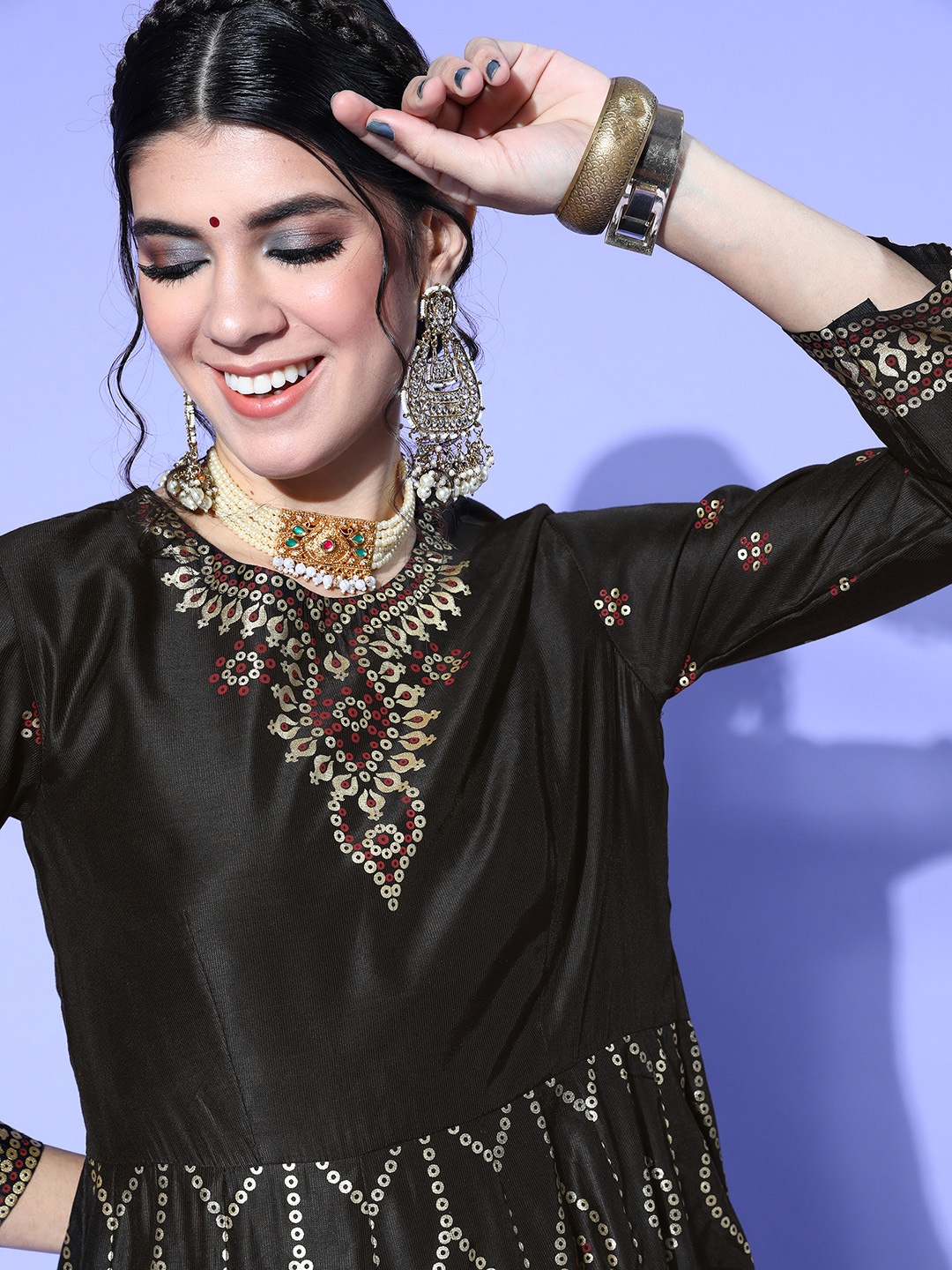 

Indo Era Black & Golden Ethnic Motifs Print Maxi Dress