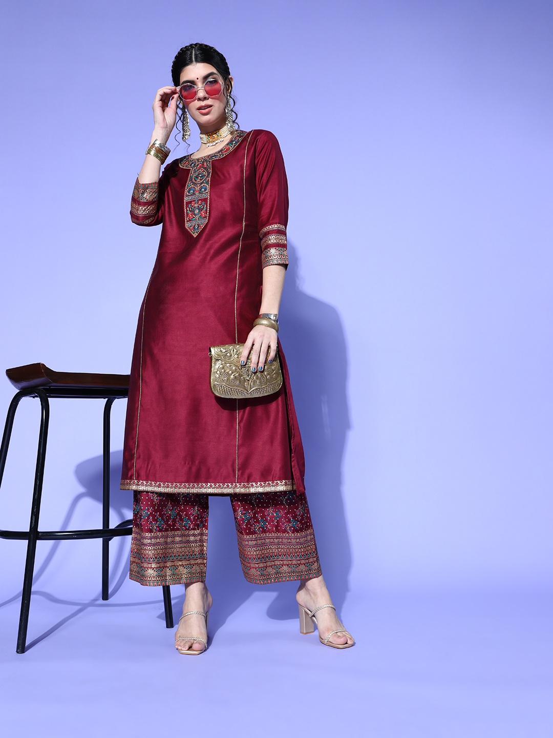 

Indo Era Women Burgundy Ethnic Motifs Yoke Design Panelled Kurta with Palazzos